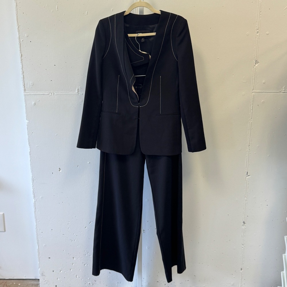 BCBGMAXAZRIA Women's Black Contrast Stitch Blazer & Wide Leg Pant Suit Set Small